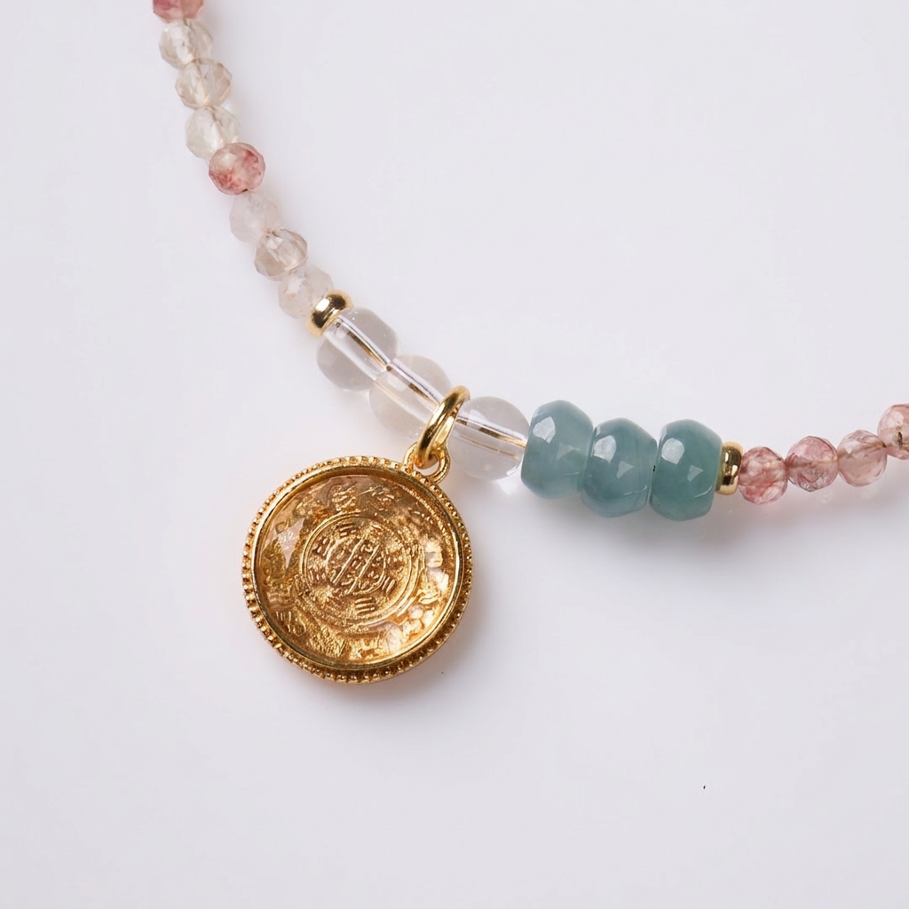 Rose Crystal & Blue Jadeite Vajra Compass Pendant Necklace