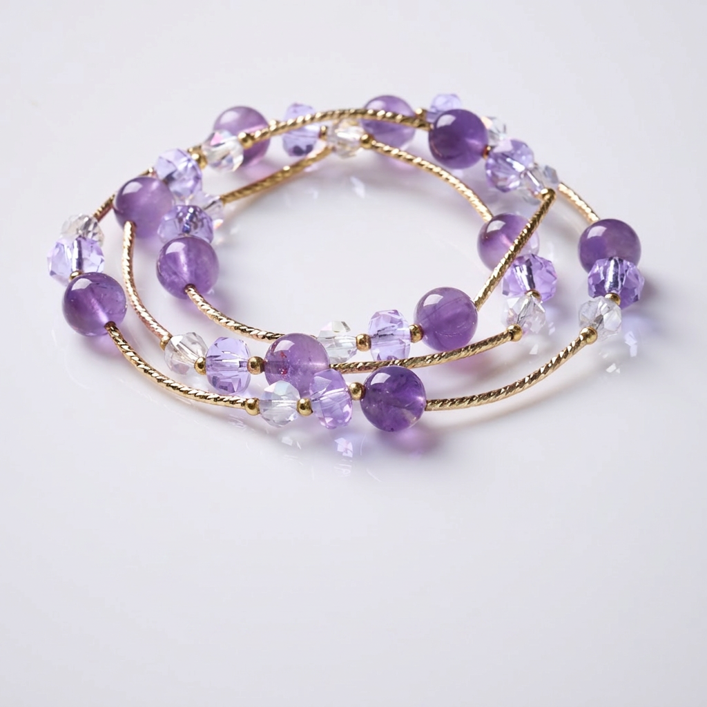 Amethyst & Crushed Ice Curved Tube Triple-Wrap Bracelet