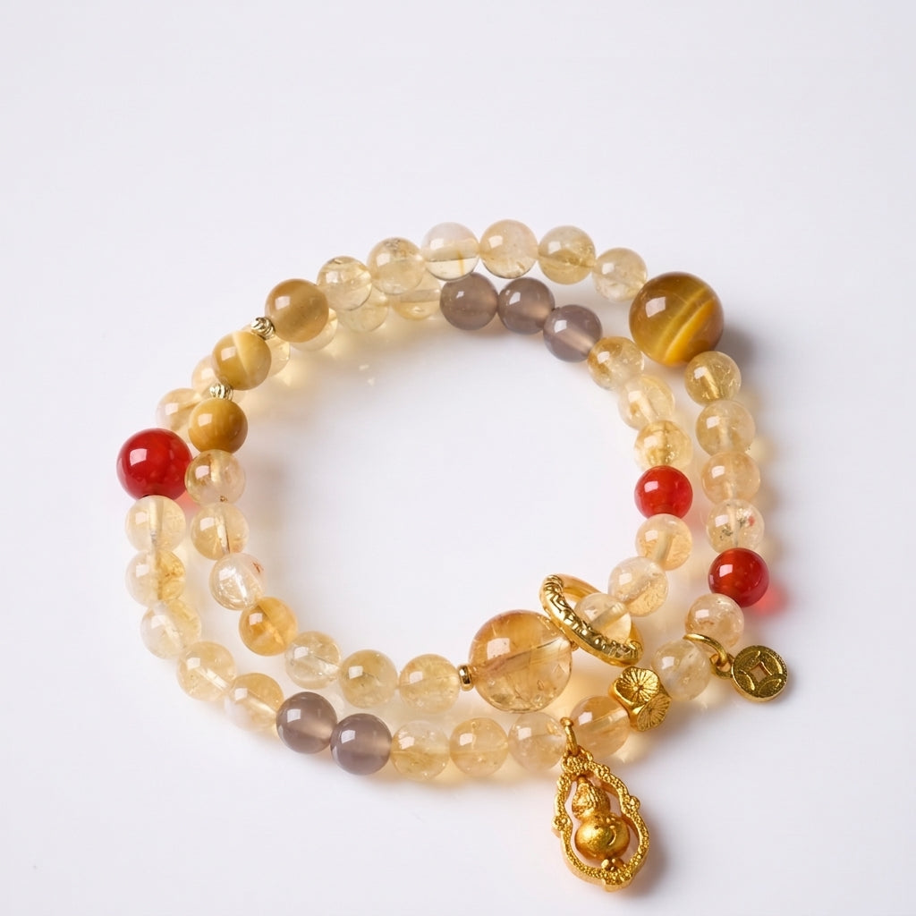 Yellow Citrine & Tiger's Eye Double-Wrap Bracelet with Spinning Gourd