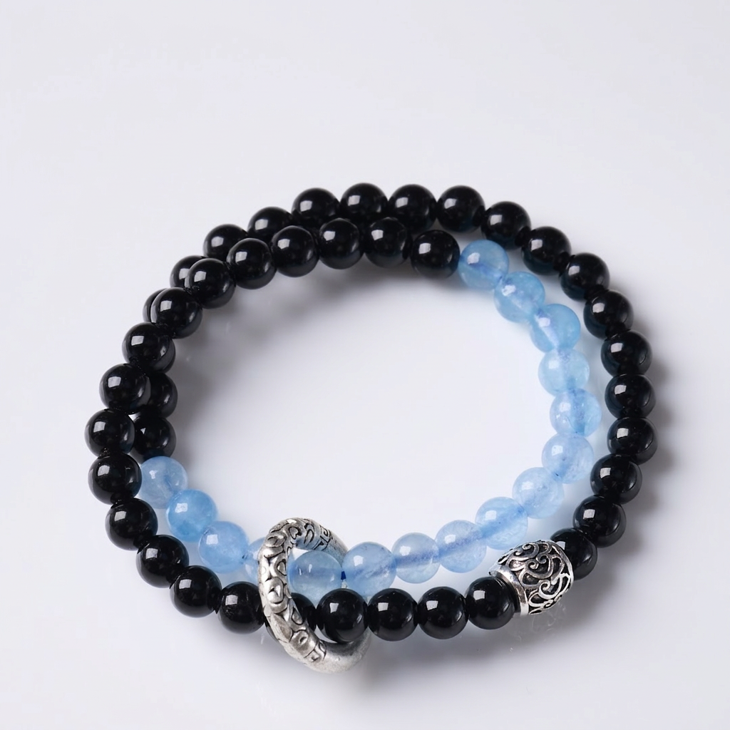 Black Obsidian & Blue Chalcedony Double-Wrap Bracelet