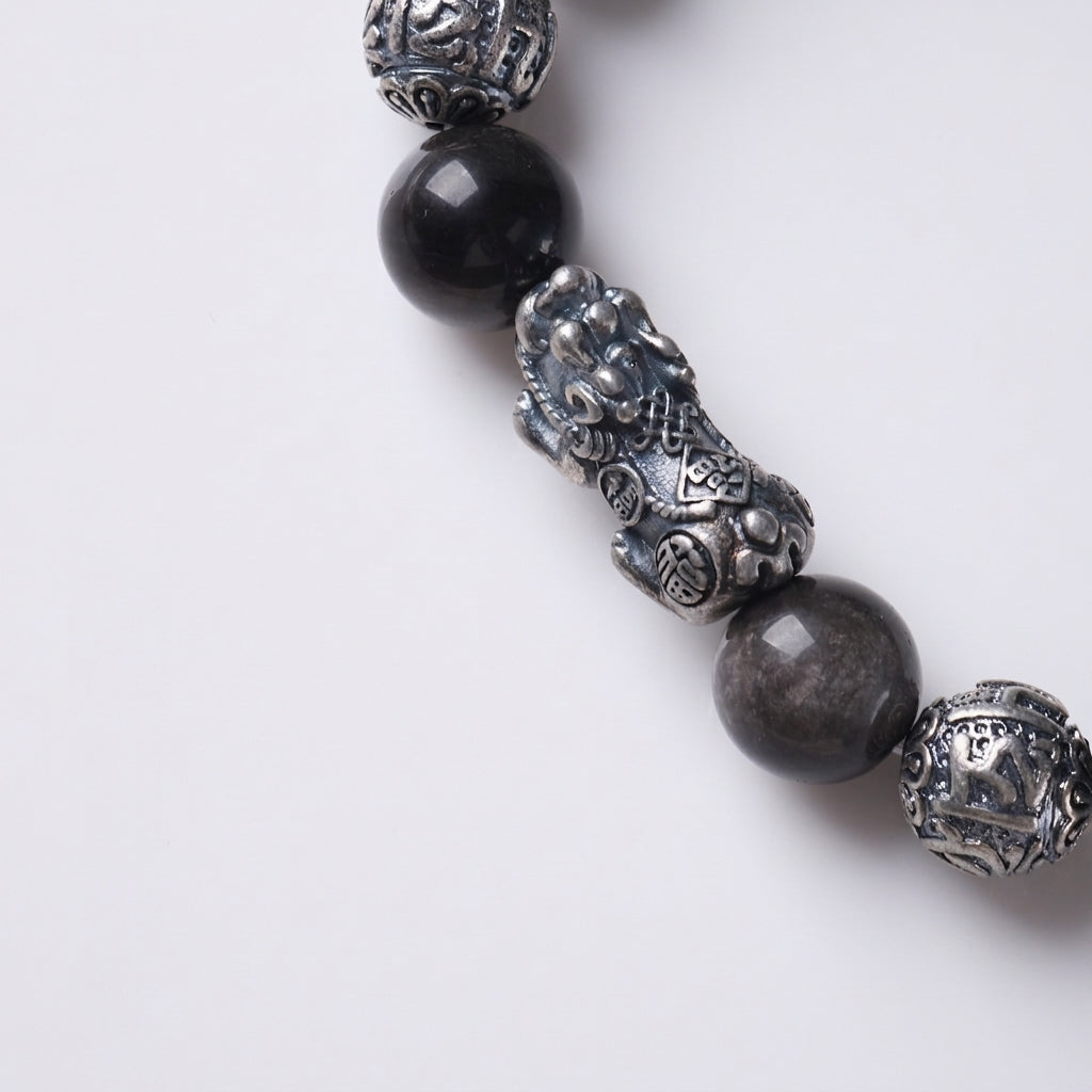 Silver Sheen Obsidian & Pixiu & Tibetan Silver Mantra Bracelet