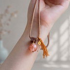 Red Flower Bead & Leather Cord Tassel Pendant Necklace