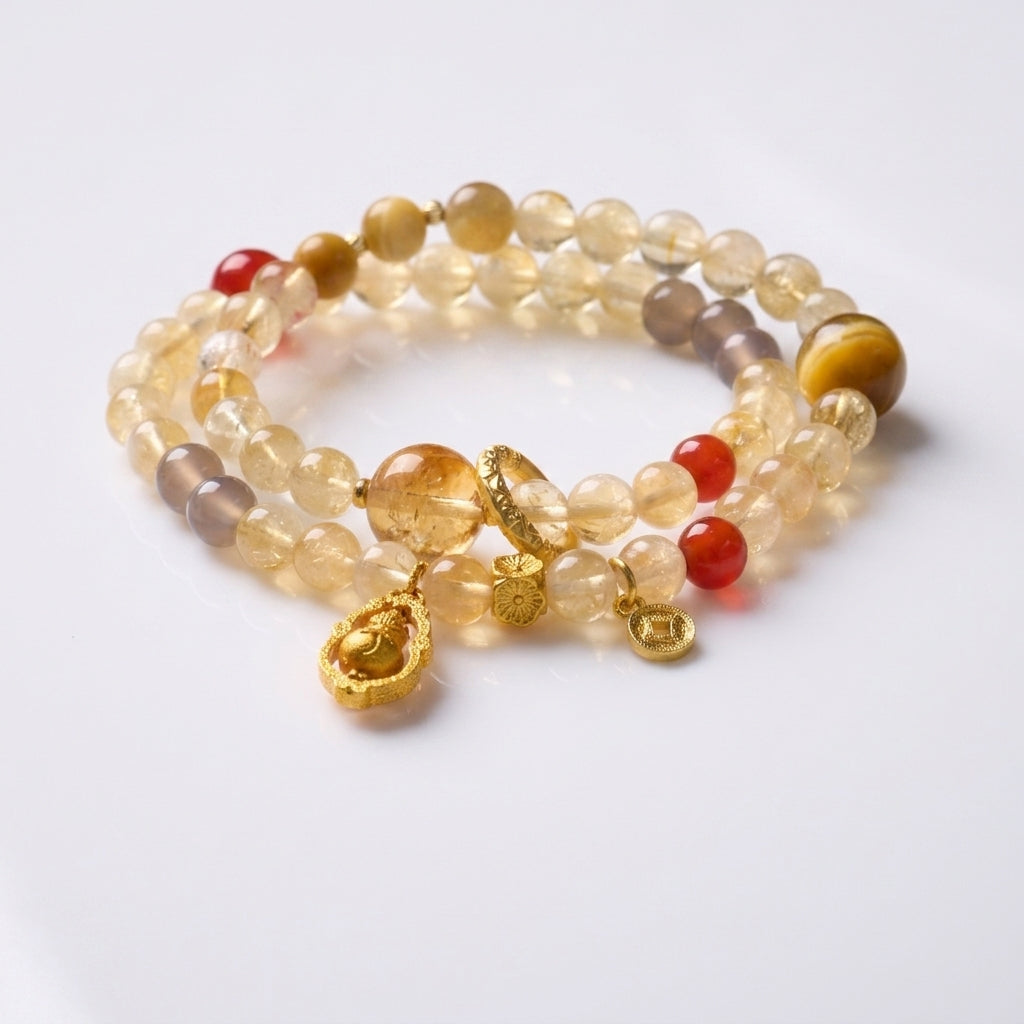 Yellow Citrine & Tiger's Eye Double-Wrap Bracelet with Spinning Gourd