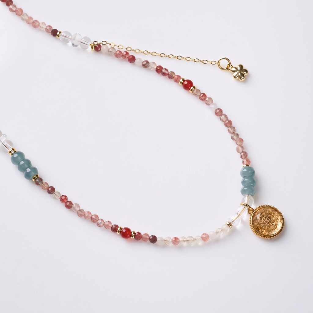 Rose Crystal & Blue Jadeite Vajra Compass Pendant Necklace