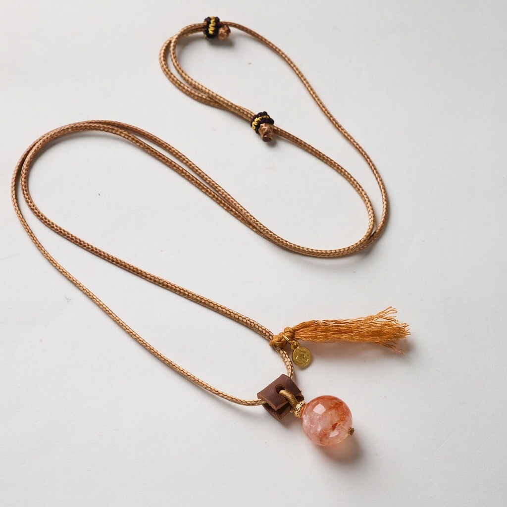Red Flower Bead & Leather Cord Tassel Pendant Necklace