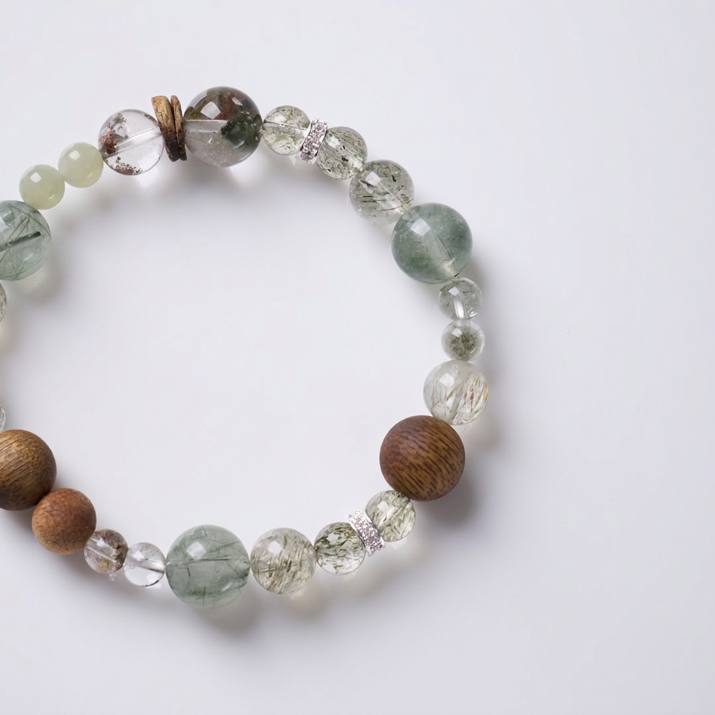 Green Rutilated Quartz & Phantom Quartz & Agarwood Bracelet