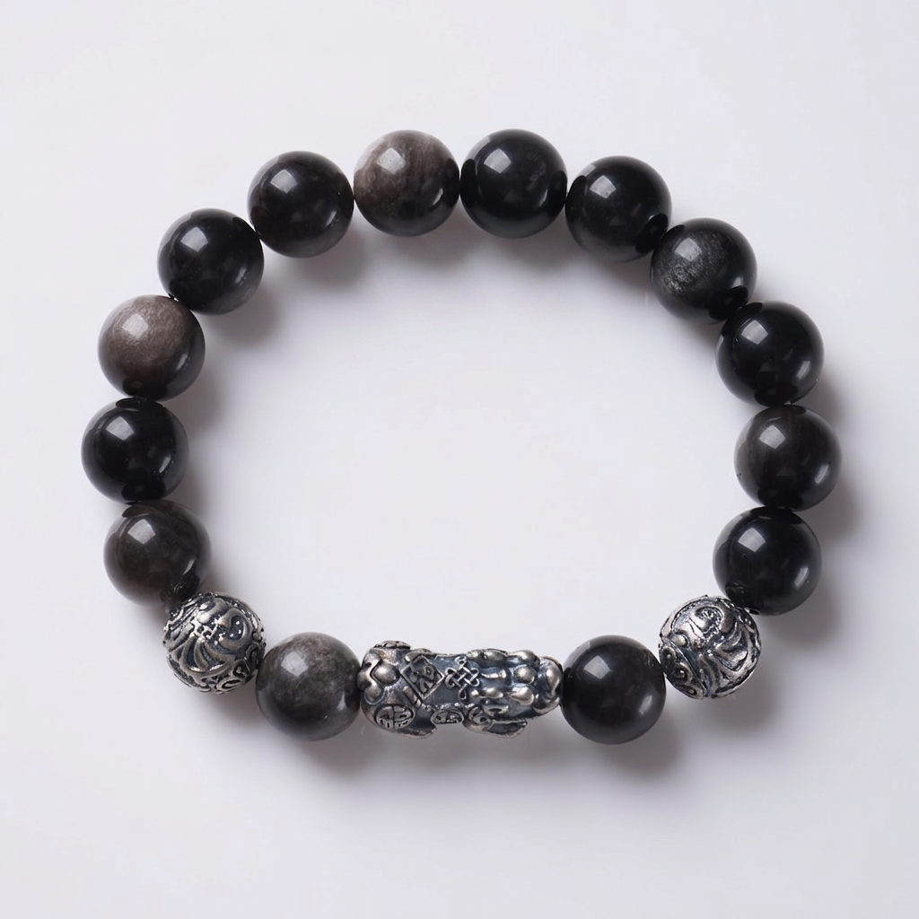 Silver Sheen Obsidian & Pixiu & Tibetan Silver Mantra Bracelet