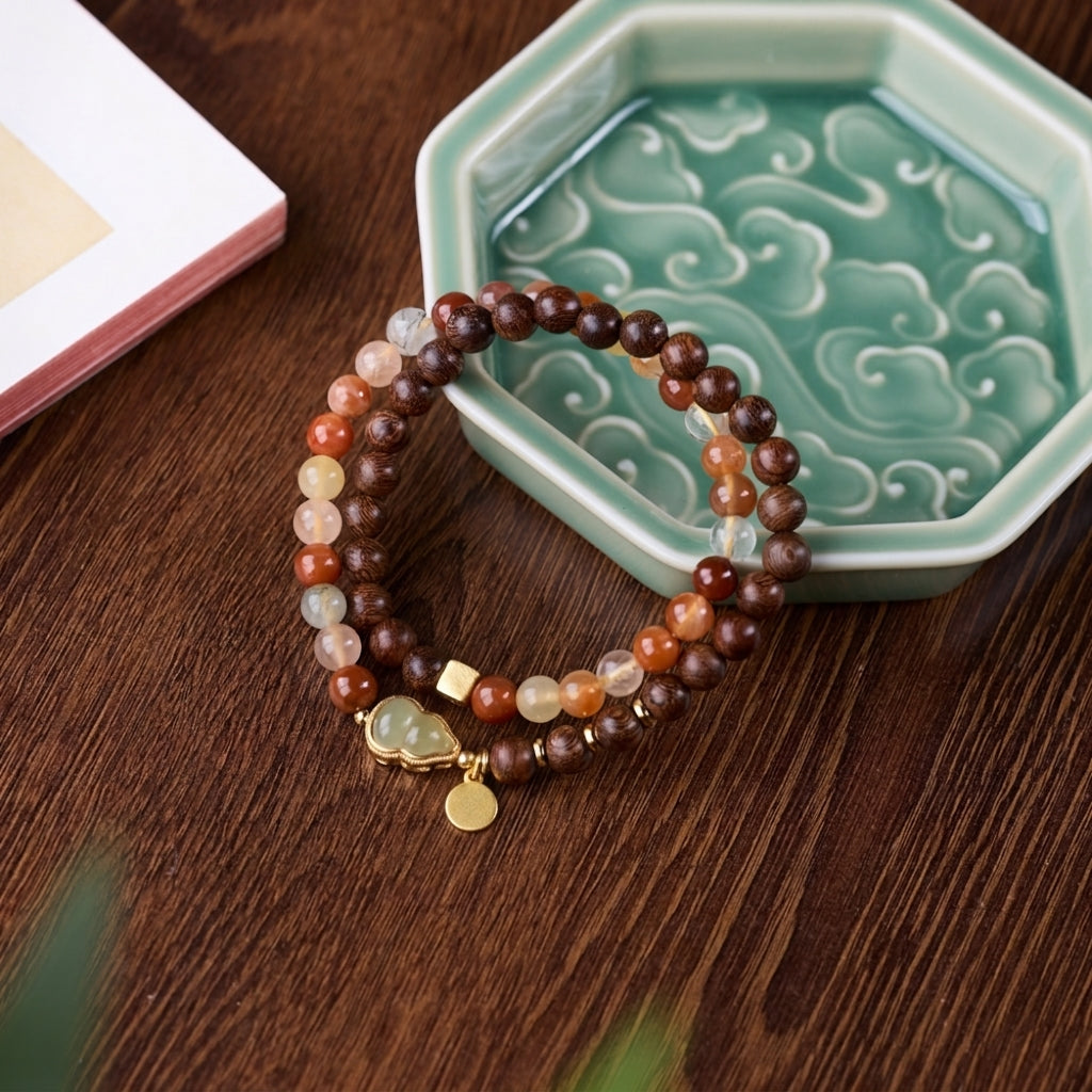 Agarwood, Jade Gourd & Color Crystal Bracelet