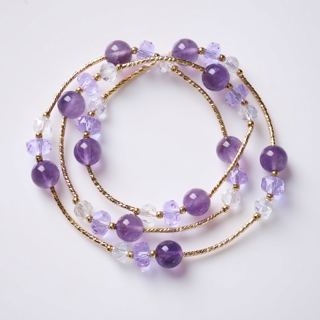 Amethyst & Crushed Ice Curved Tube Triple-Wrap Bracelet