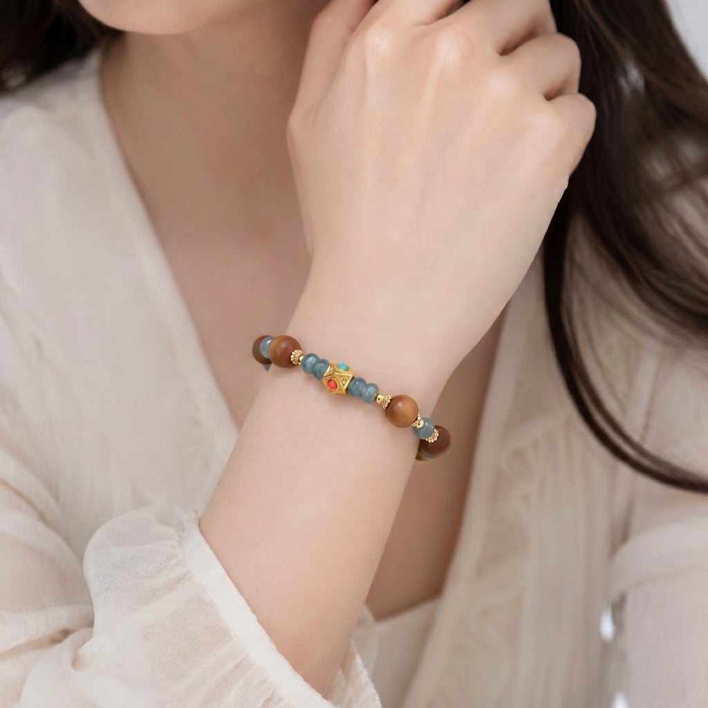 Sandalwood & Blue Jadeite Abacus Bead Bracelet
