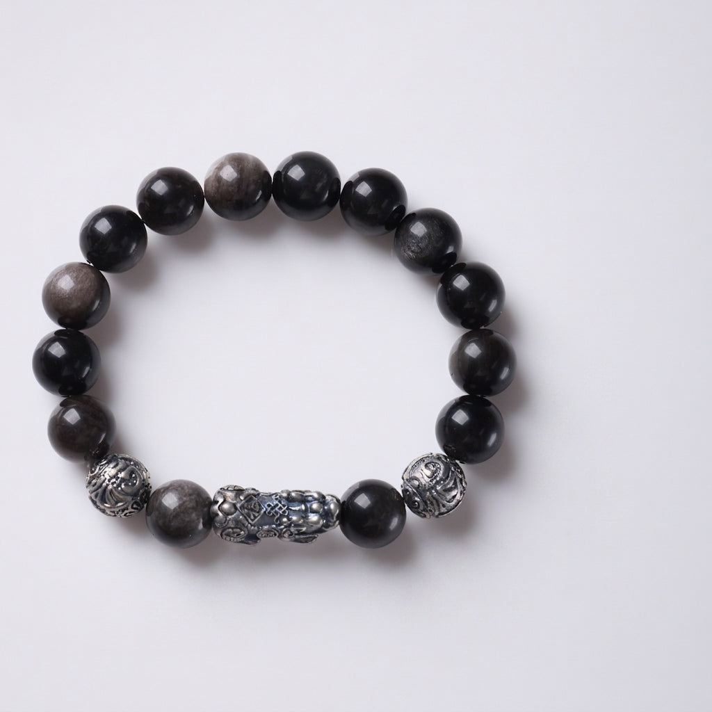 Silver Sheen Obsidian & Pixiu & Tibetan Silver Mantra Bracelet