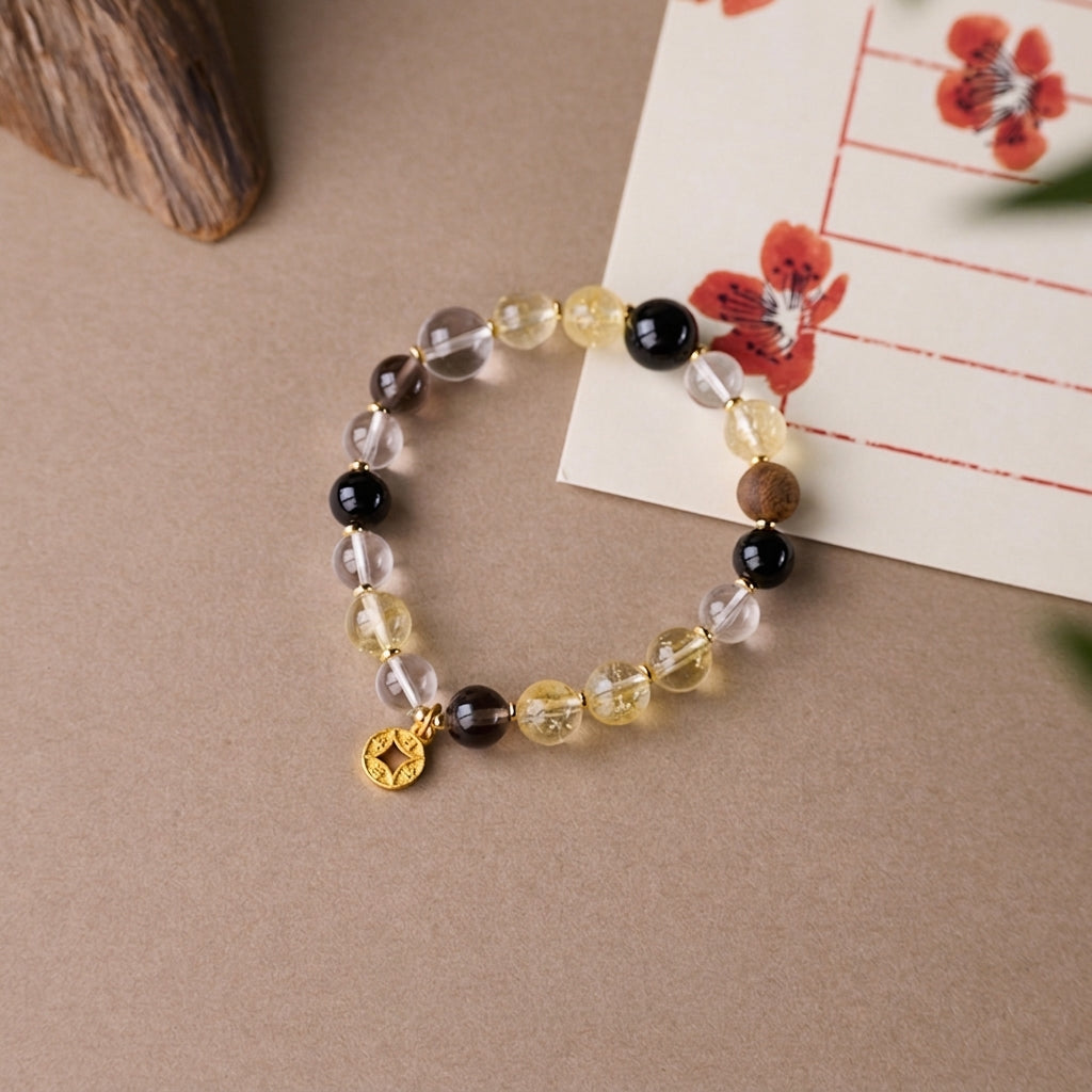 Citrine, White Crystal & Obsidian Wealth Bracelet