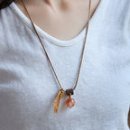 Red Flower Bead & Leather Cord Tassel Pendant Necklace