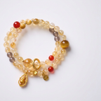 Yellow Citrine & Tiger's Eye Double-Wrap Bracelet with Spinning Gourd