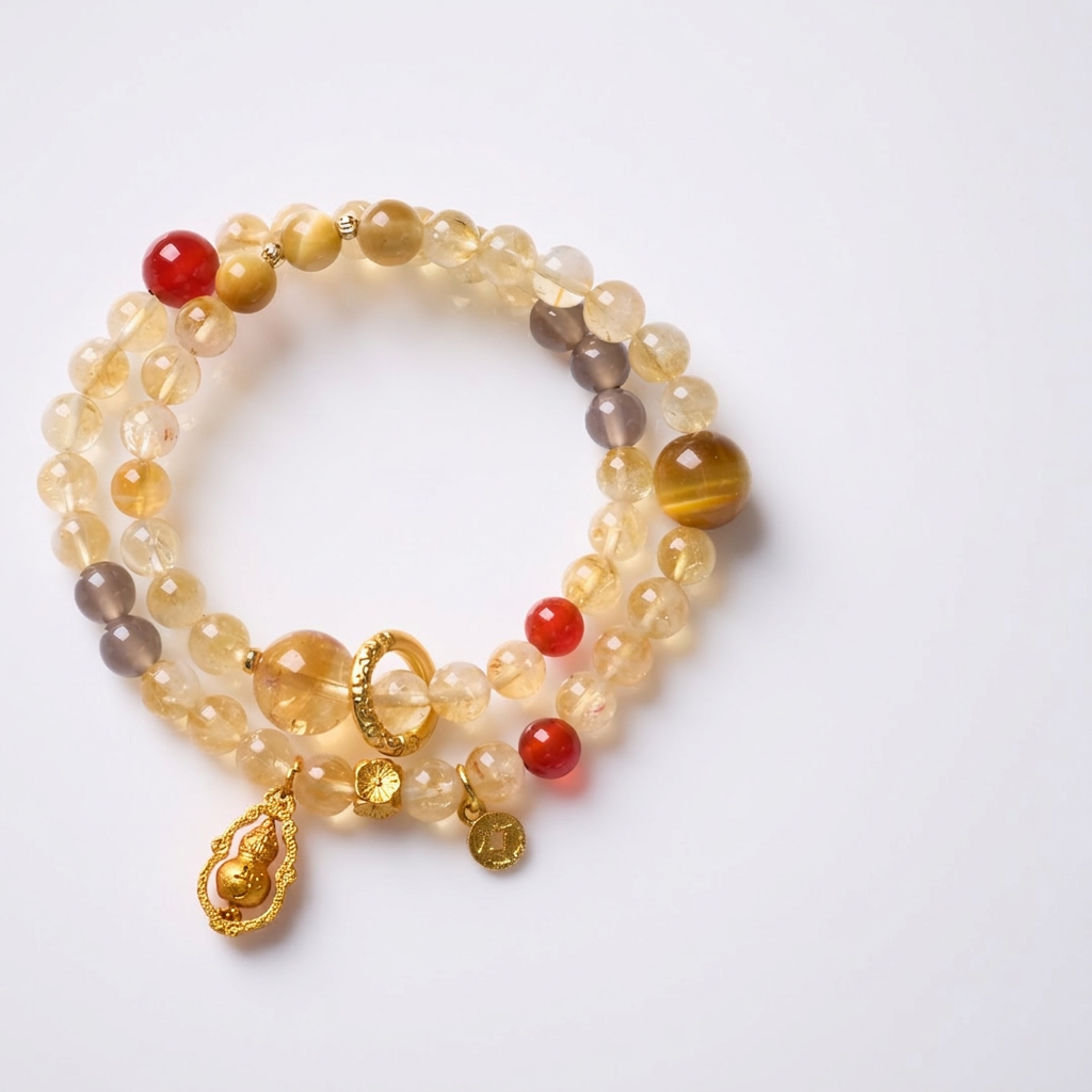 Yellow Citrine & Tiger's Eye Double-Wrap Bracelet with Spinning Gourd