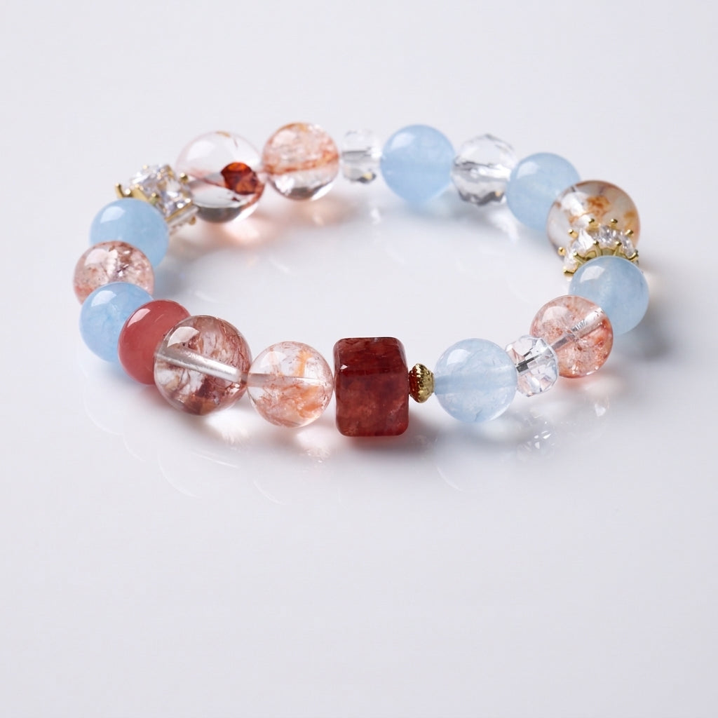Blue Jade & Red Rutilated Quartz Peace Bracelet