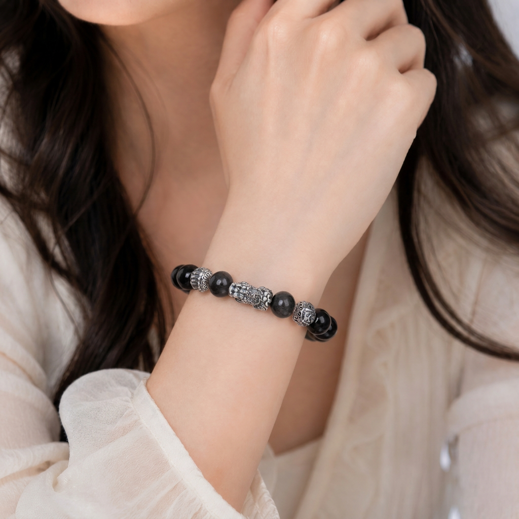 Silver Sheen Obsidian & Pixiu & Tibetan Silver Mantra Bracelet