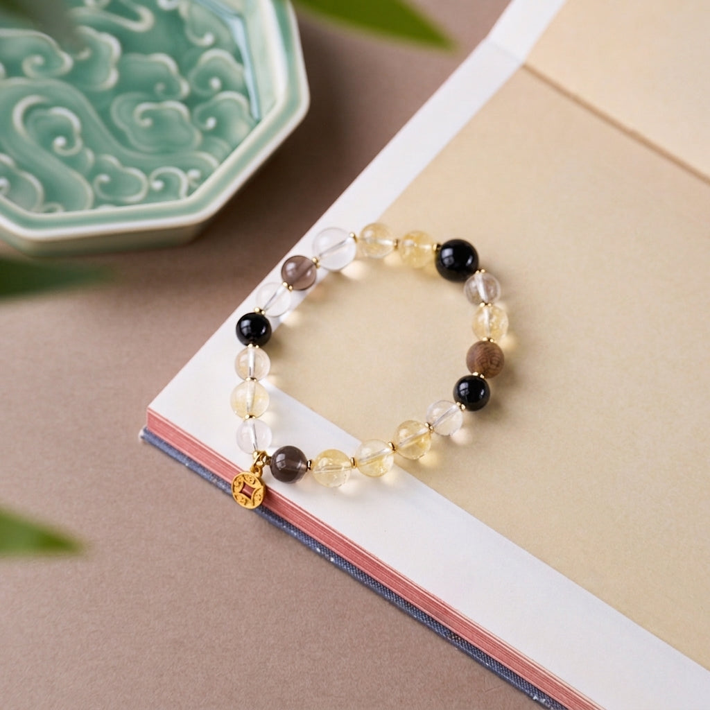 Citrine, White Crystal & Obsidian Wealth Bracelet
