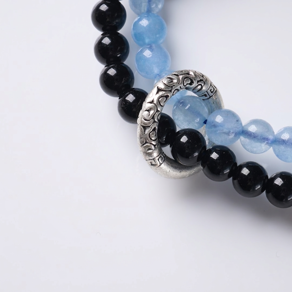 Black Obsidian & Blue Chalcedony Double-Wrap Bracelet