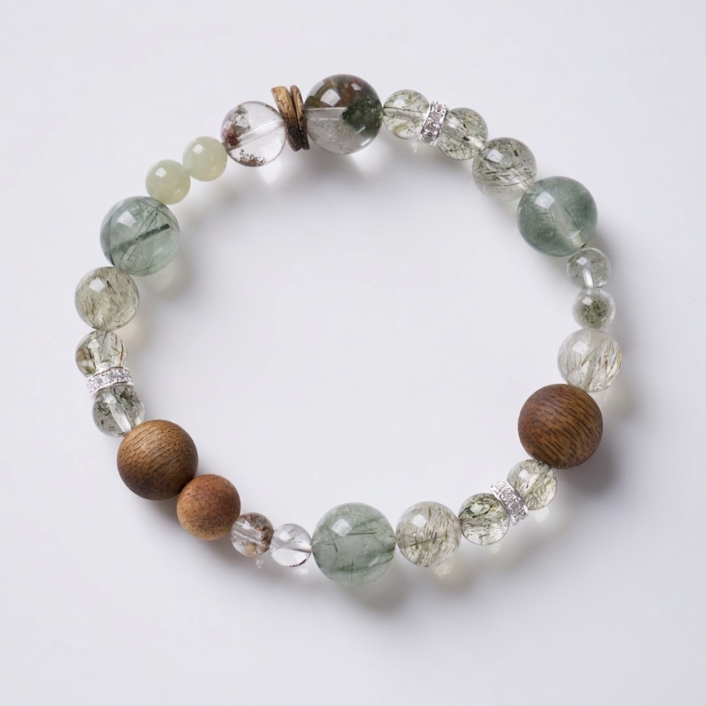 Green Rutilated Quartz & Phantom Quartz & Agarwood Bracelet