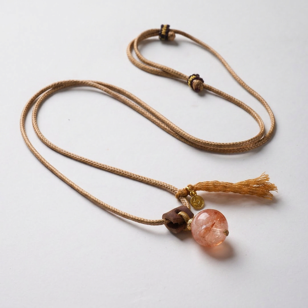 Red Flower Bead & Leather Cord Tassel Pendant Necklace