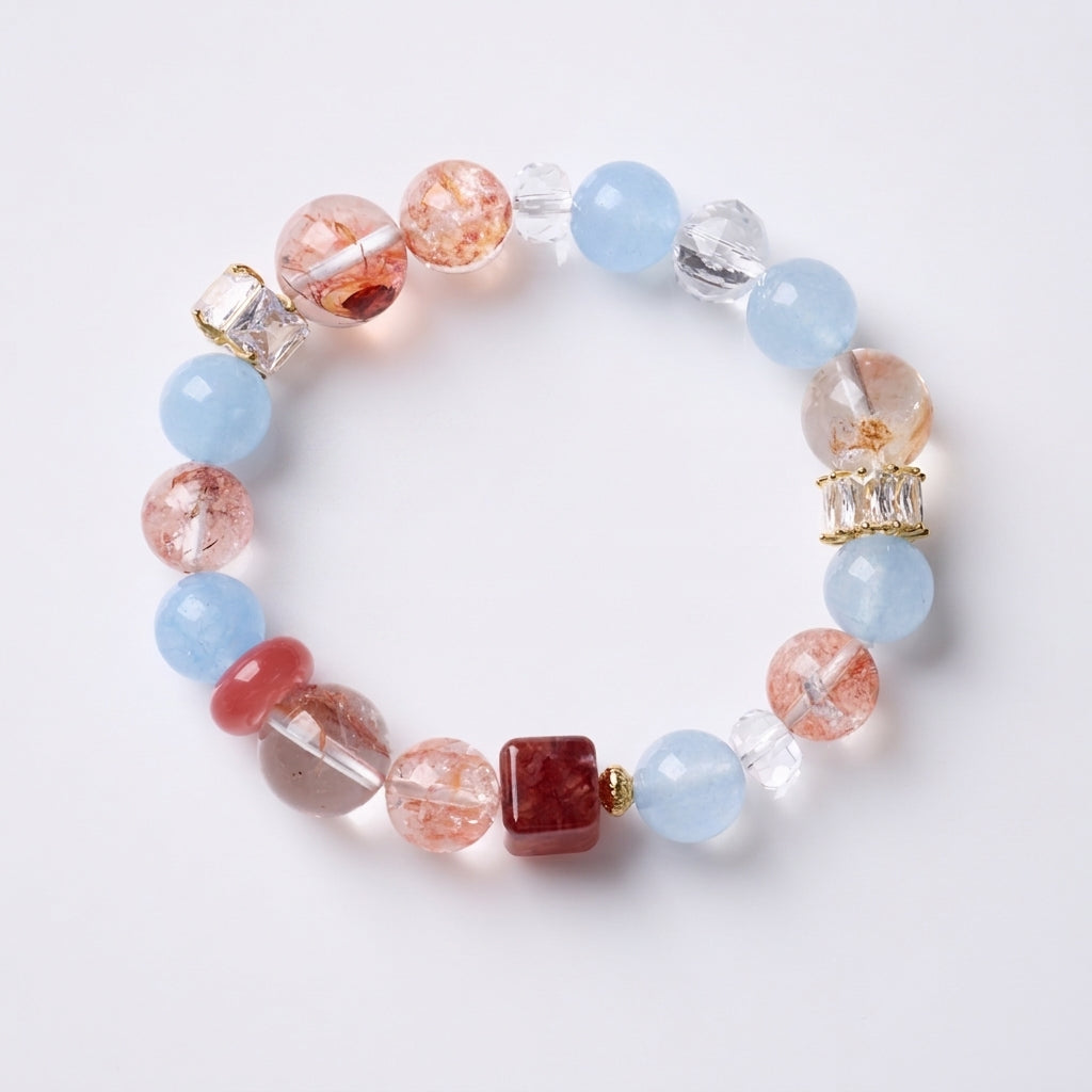 Blue Jade & Red Rutilated Quartz Peace Bracelet