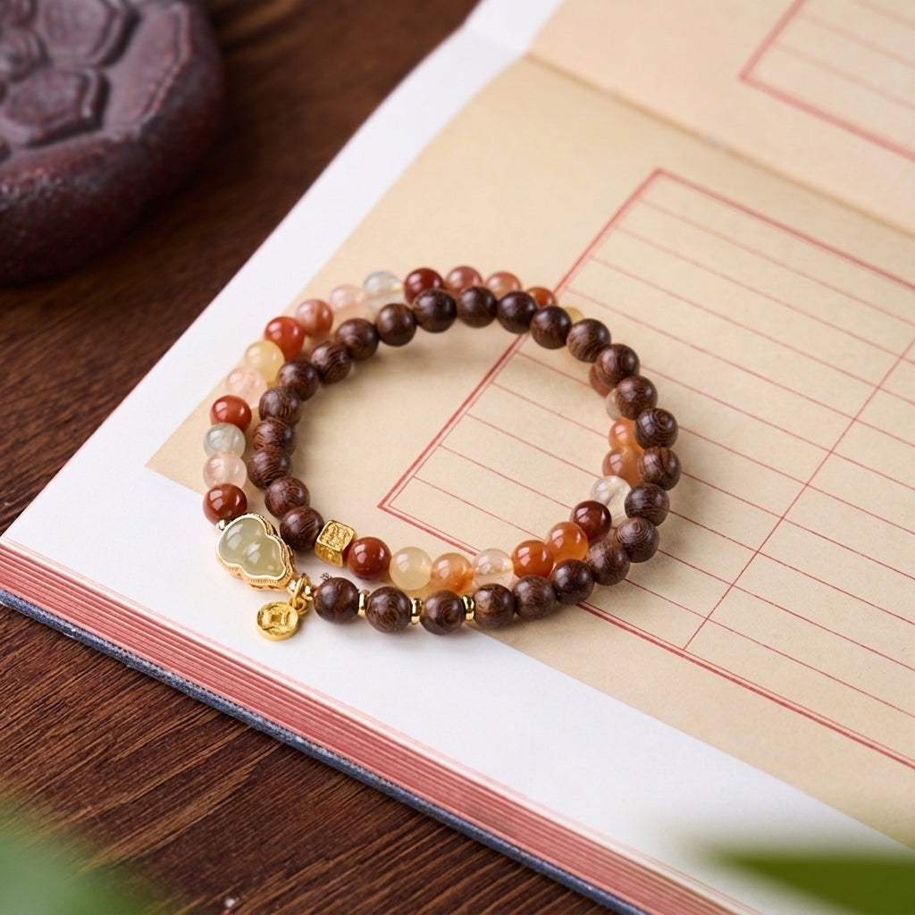 Agarwood, Jade Gourd & Color Crystal Bracelet