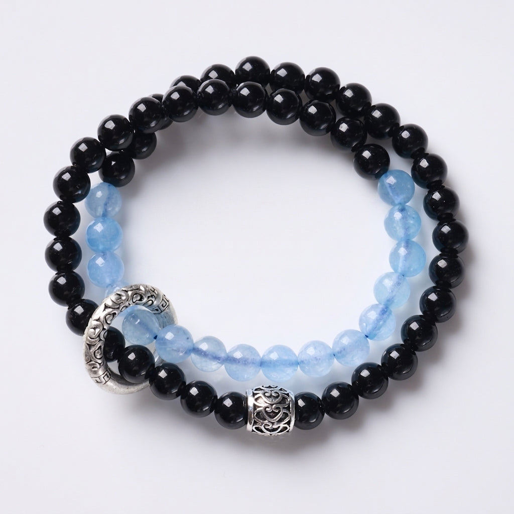 Black Obsidian & Blue Chalcedony Double-Wrap Bracelet