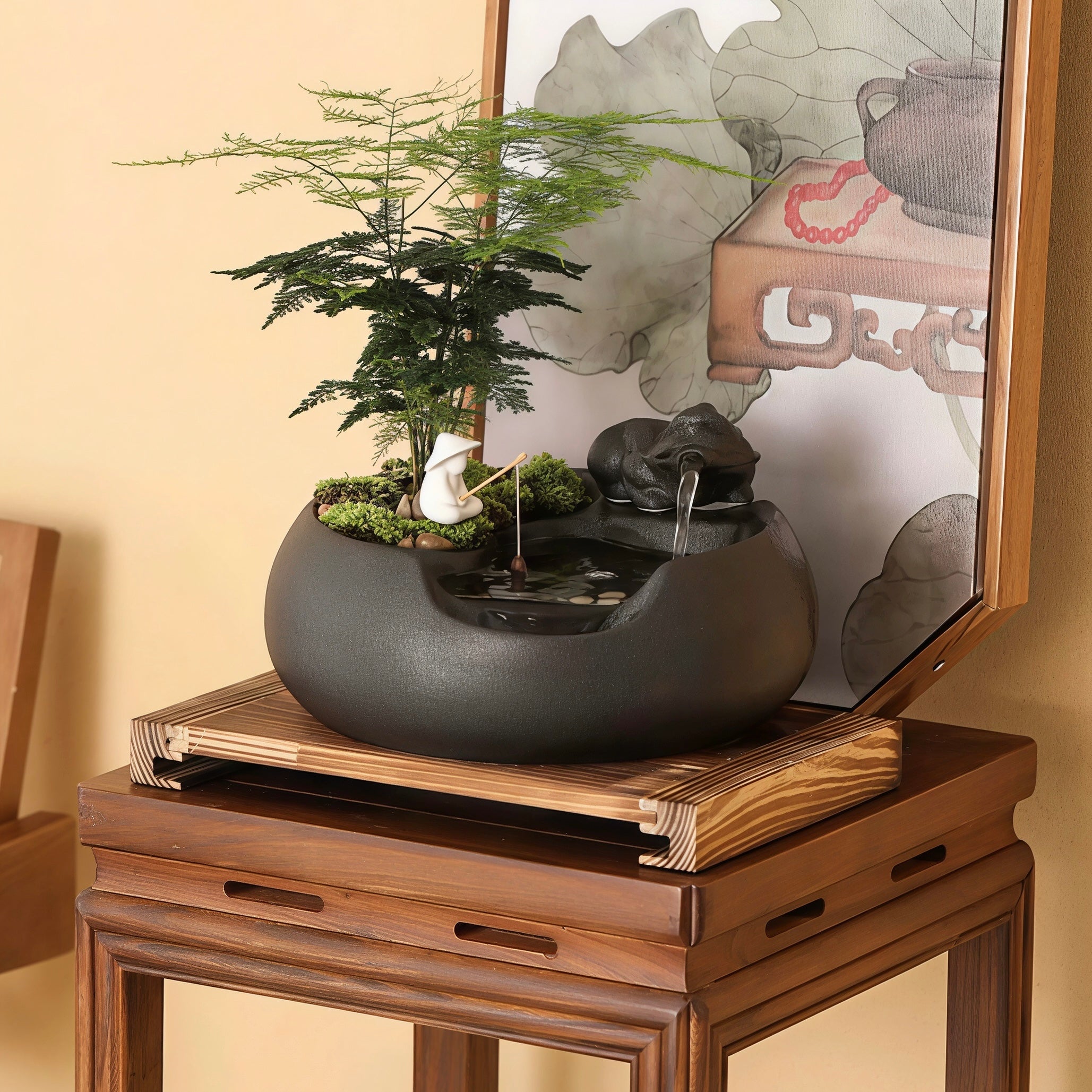 Zen Pixiu Water Fountain | Ceramic Tabletop Decor with Solid Wood Base | Feng Shui Office Ornament