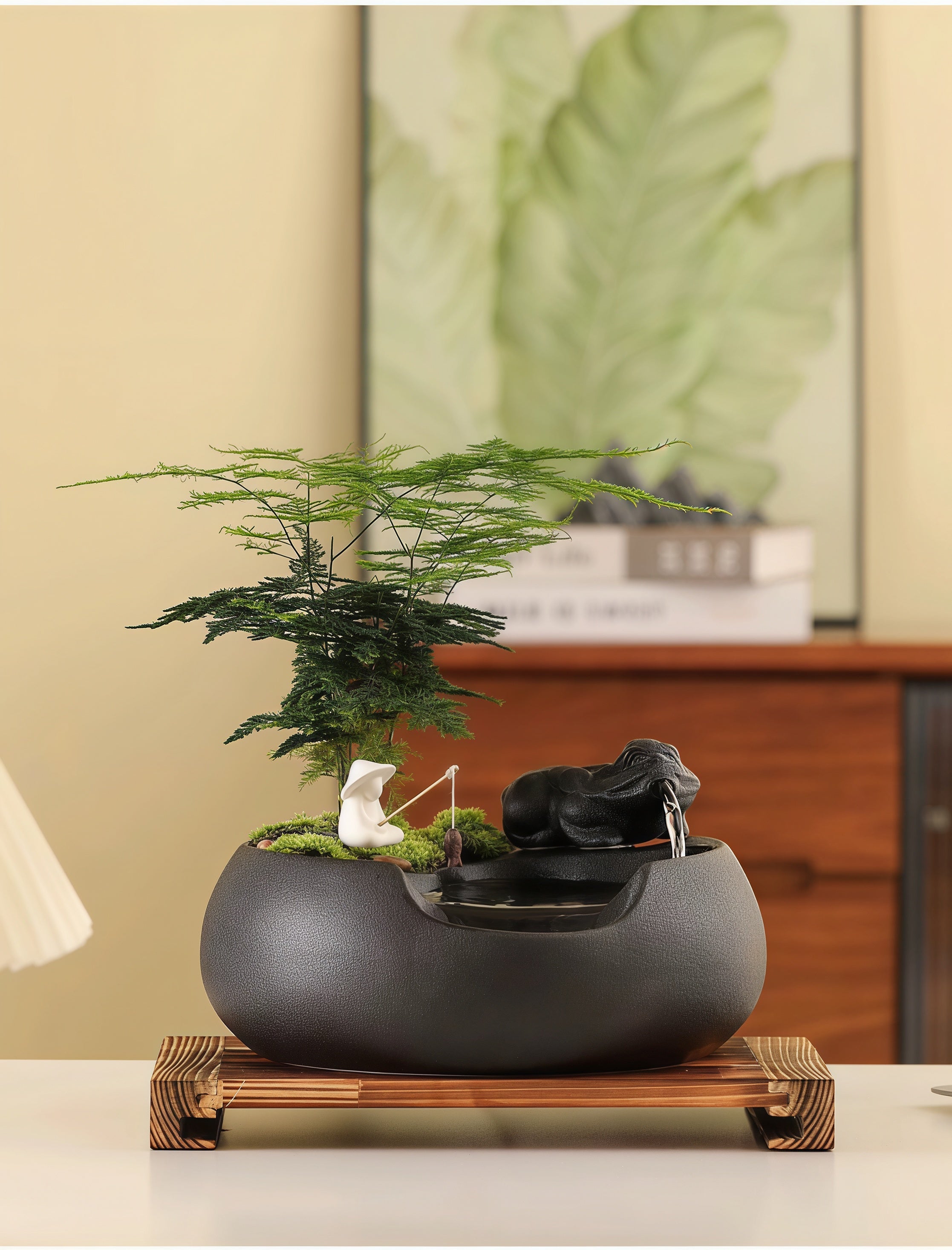 Zen Pixiu Water Fountain | Ceramic Tabletop Decor with Solid Wood Base | Feng Shui Office Ornament
