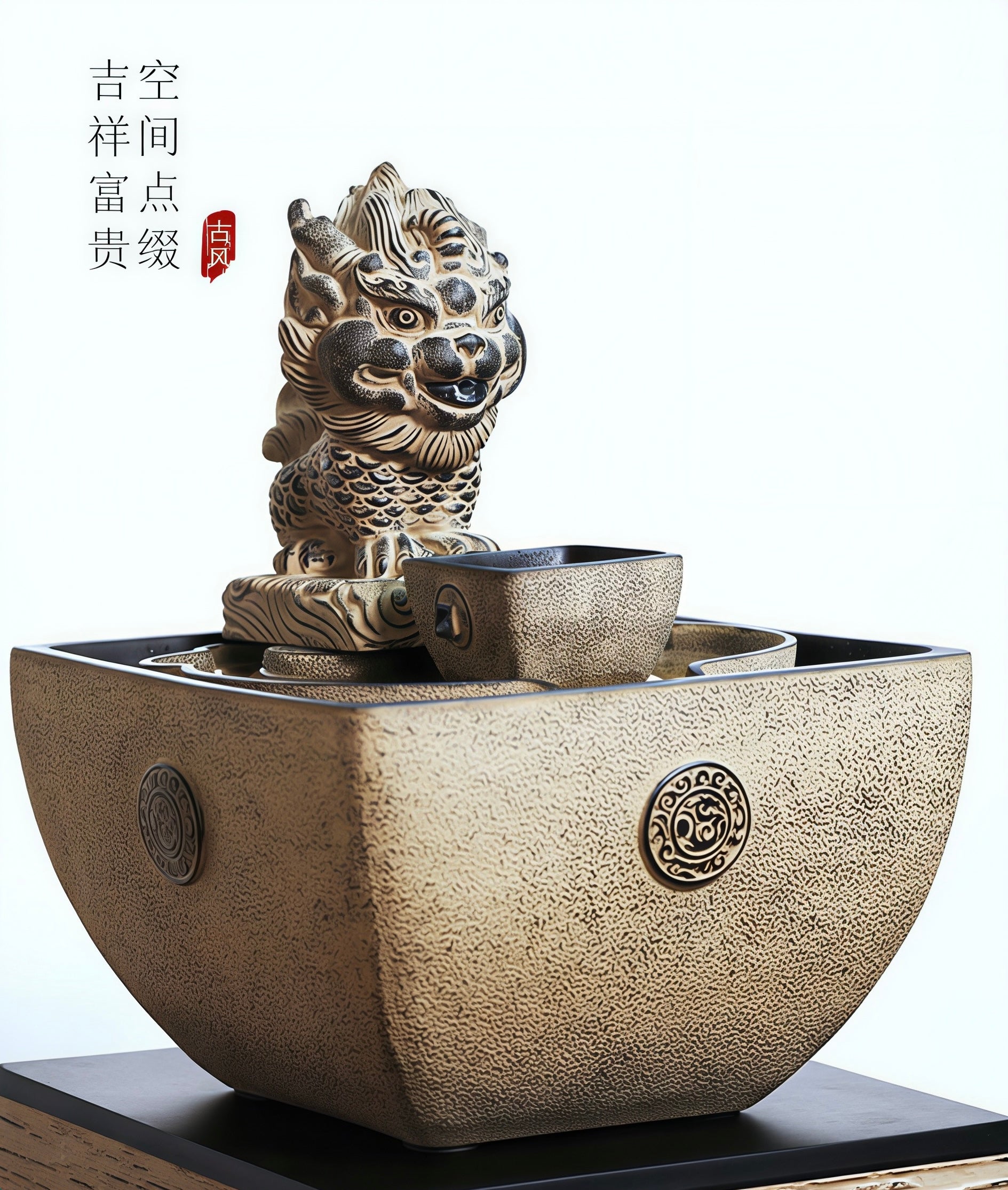 "Ri Jin Dou Jin" Fontaine d'eau Feng Shui Pixiu | Ornement de richesse et de bonne chance style antique pour bureau et maison