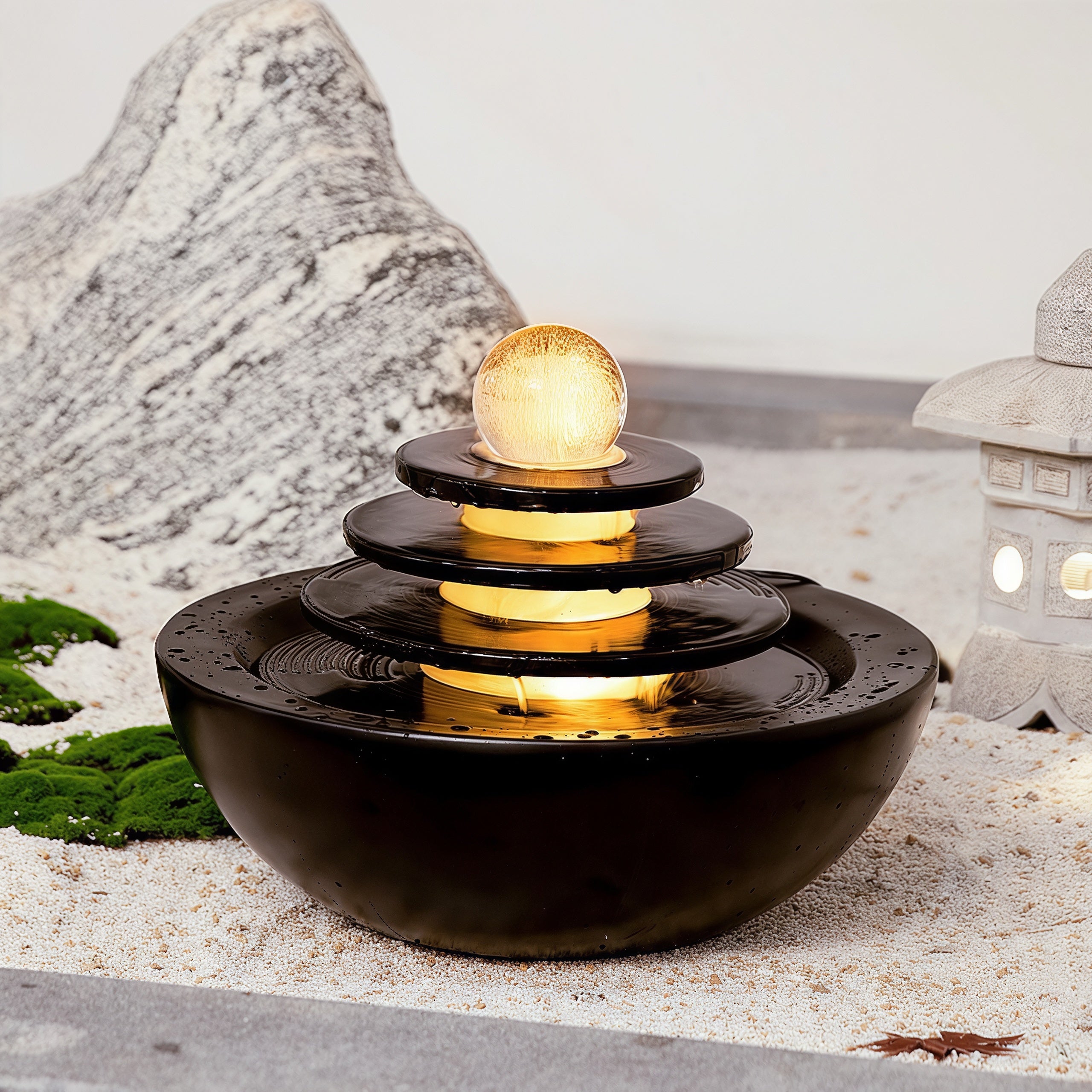 Fontaine Moderne Feng Shui « Bassin au Trésor » | Cascade en Plusieurs Niveaux avec Boule en Cristal LED Tournante pour Richesse & Chance