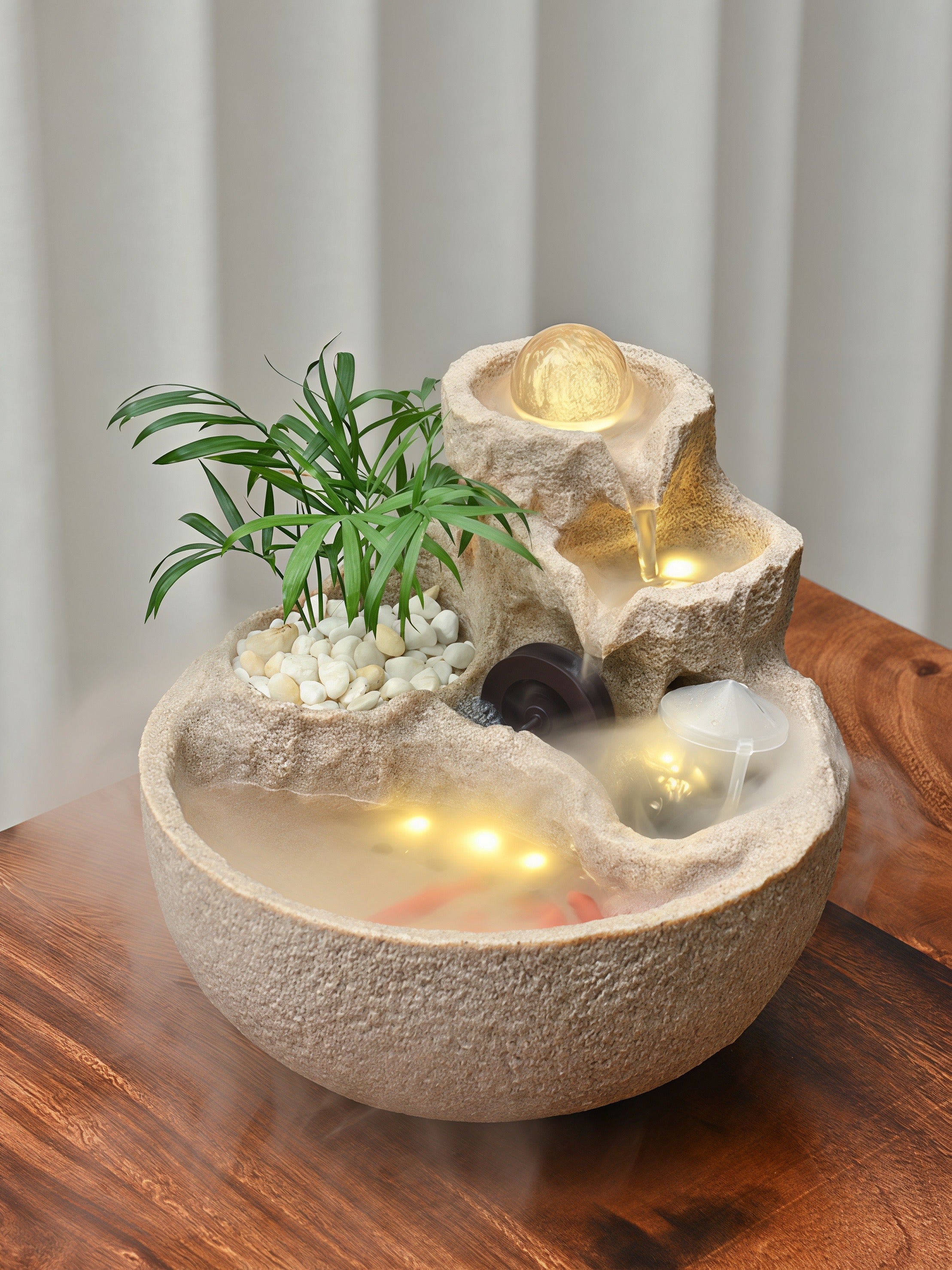 Fontaine de Table Zen Feng Shui | Rocaille de Montagne avec Boule Tournante, Roue à Eau & Brumisateur LED | « Bassin au Trésor » pour la Richesse & la Chance