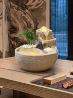 Fontaine de Table Zen Feng Shui | Rocaille de Montagne avec Boule Tournante, Roue à Eau & Brumisateur LED | « Bassin au Trésor » pour la Richesse & la Chance
