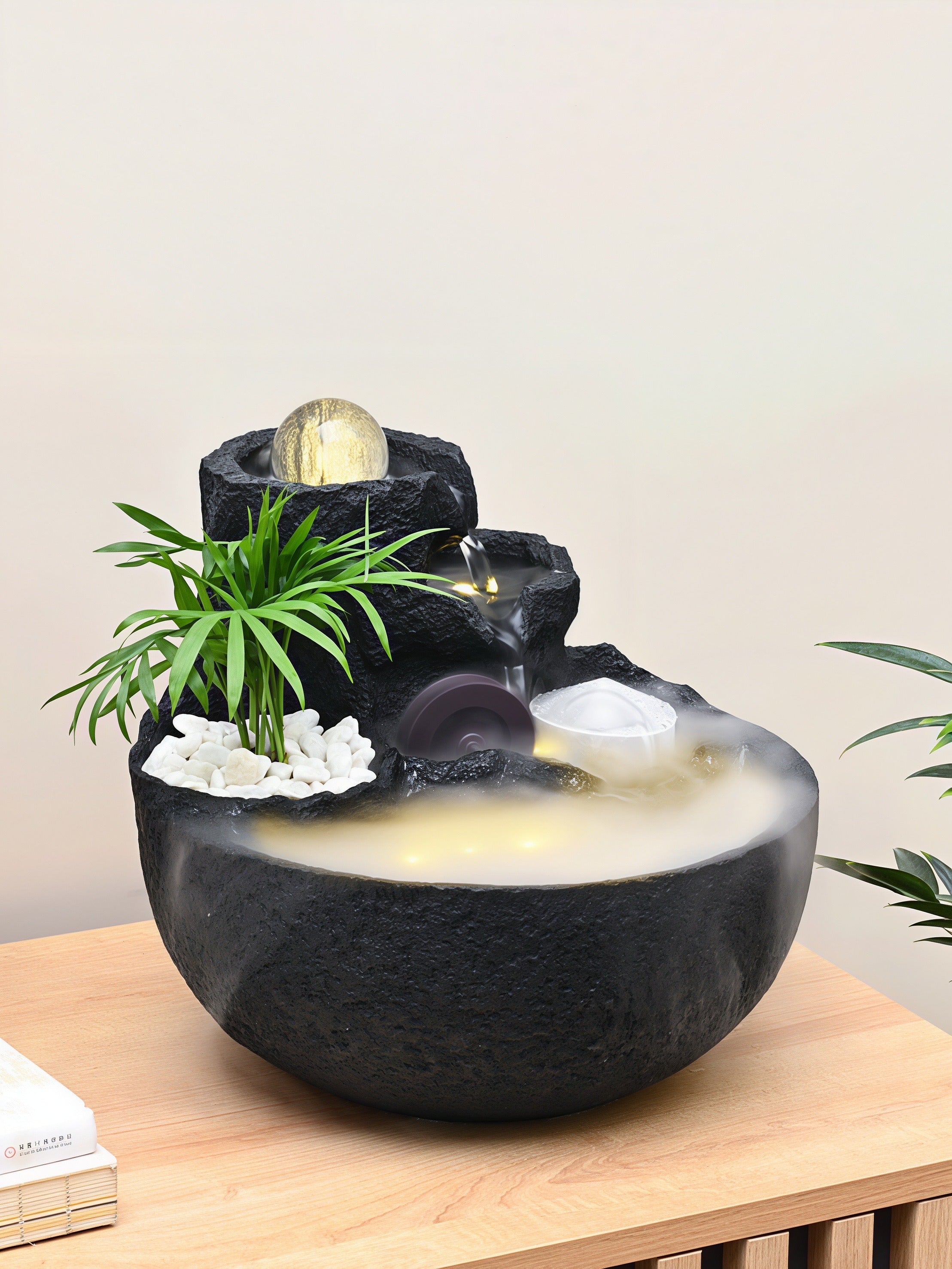 Fontaine de Table Zen Feng Shui | Rocaille de Montagne avec Boule Tournante, Roue à Eau & Brumisateur LED | « Bassin au Trésor » pour la Richesse & la Chance