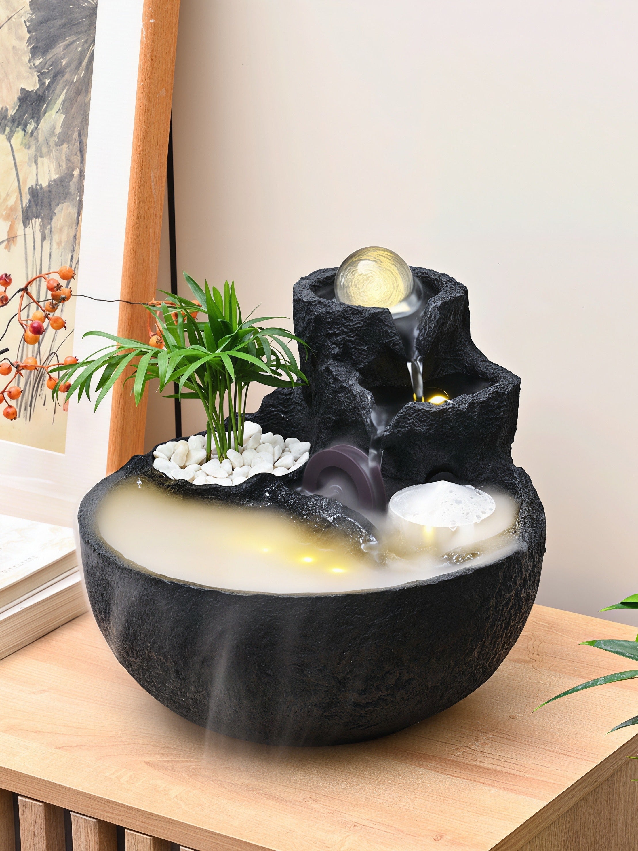 Fontaine de Table Zen Feng Shui | Rocaille de Montagne avec Boule Tournante, Roue à Eau & Brumisateur LED | « Bassin au Trésor » pour la Richesse & la Chance