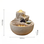 Fontaine de Table Zen Feng Shui | Rocaille de Montagne avec Boule Tournante, Roue à Eau & Brumisateur LED | « Bassin au Trésor » pour la Richesse & la Chance