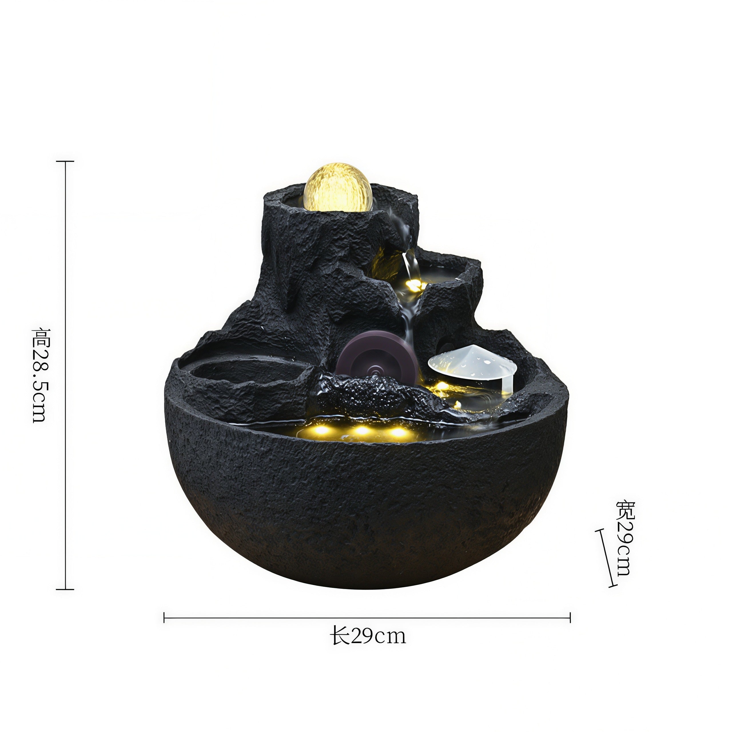 Fontaine de Table Zen Feng Shui | Rocaille de Montagne avec Boule Tournante, Roue à Eau & Brumisateur LED | « Bassin au Trésor » pour la Richesse & la Chance