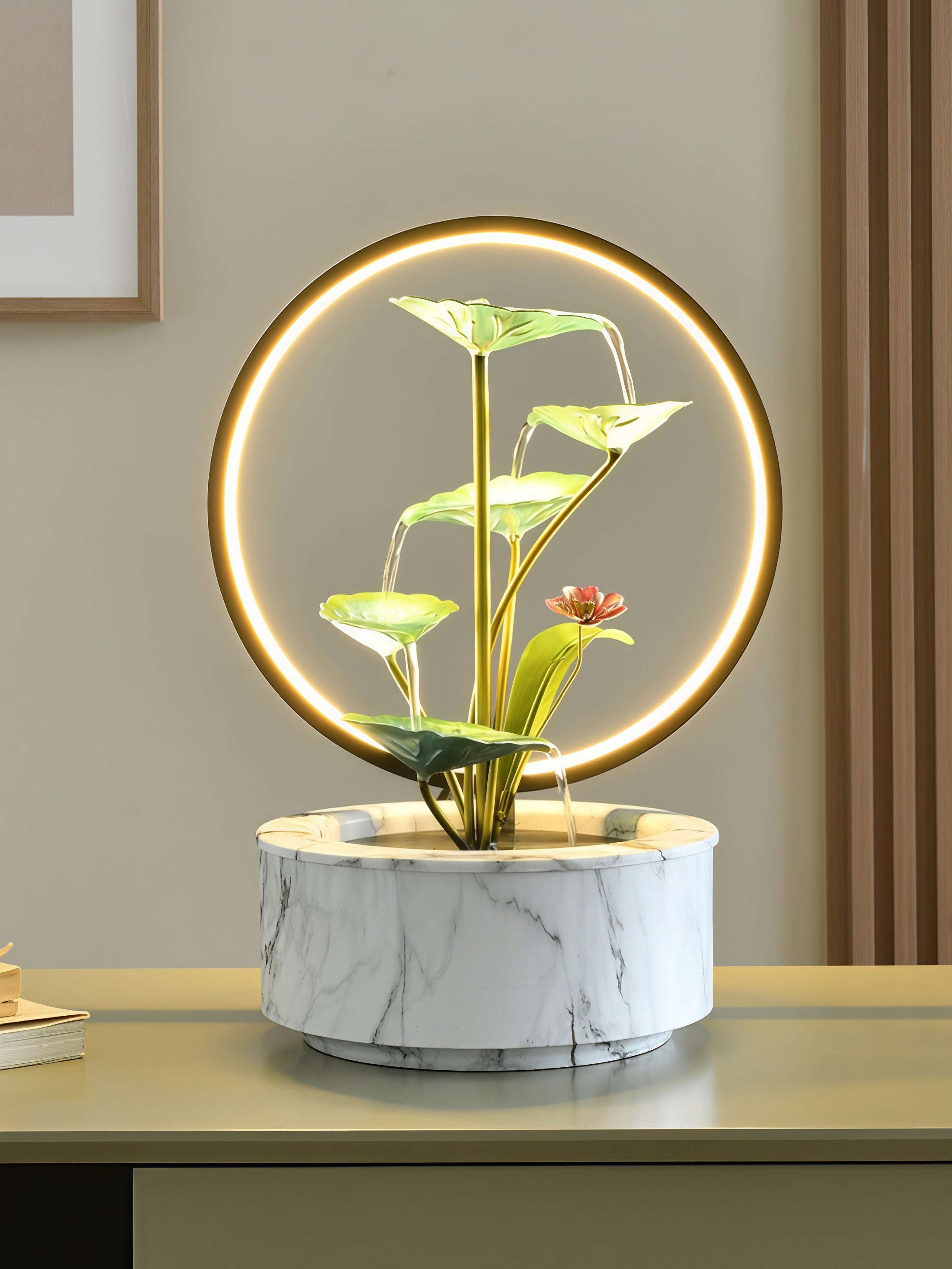 Fontaine en Cascade Zen Lotus avec Lumière Halo LED | Élément d'Eau Feng Shui Moderne pour Harmonie, Pureté & Prospérité