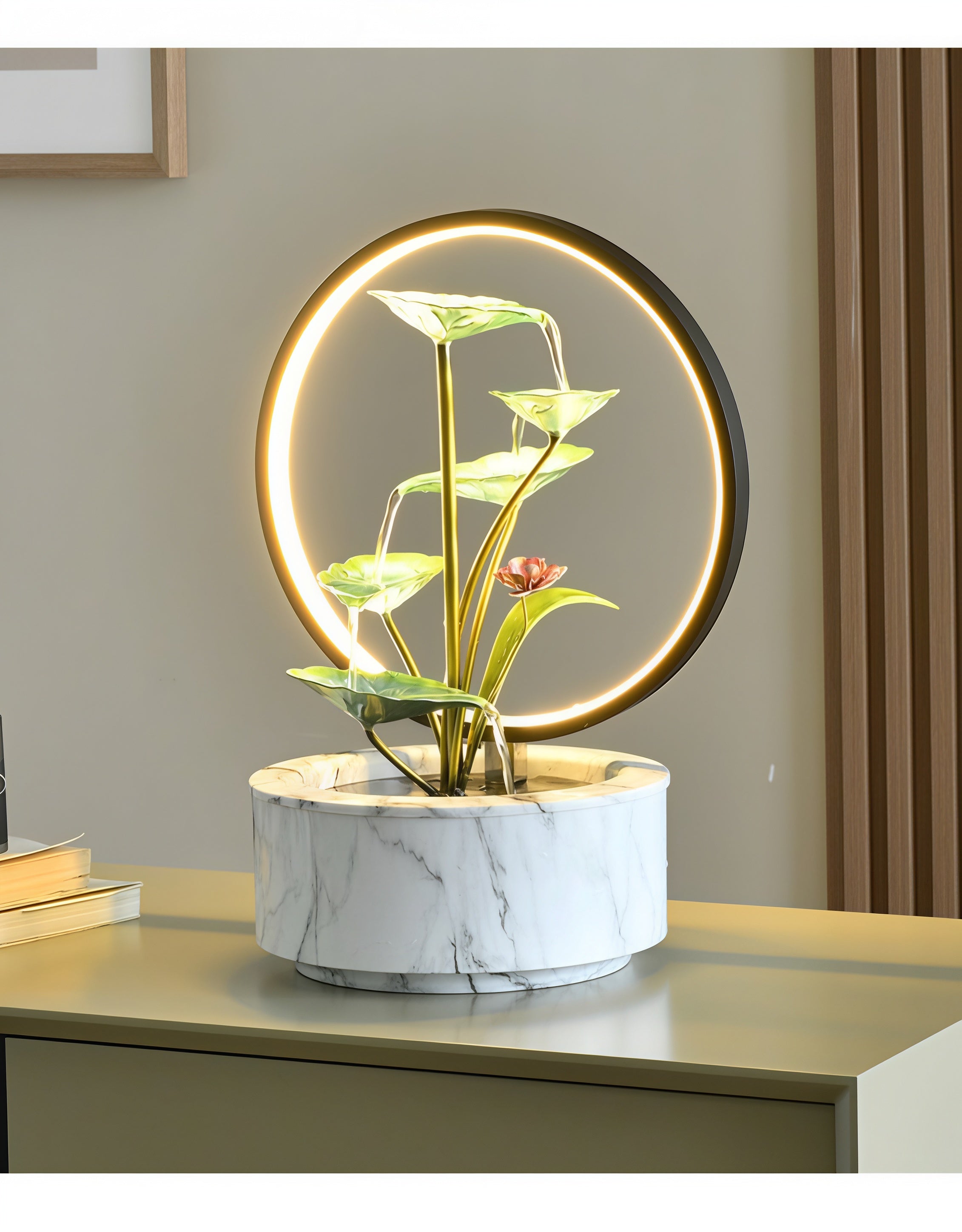 Fontaine en Cascade Zen Lotus avec Lumière Halo LED | Élément d'Eau Feng Shui Moderne pour Harmonie, Pureté & Prospérité