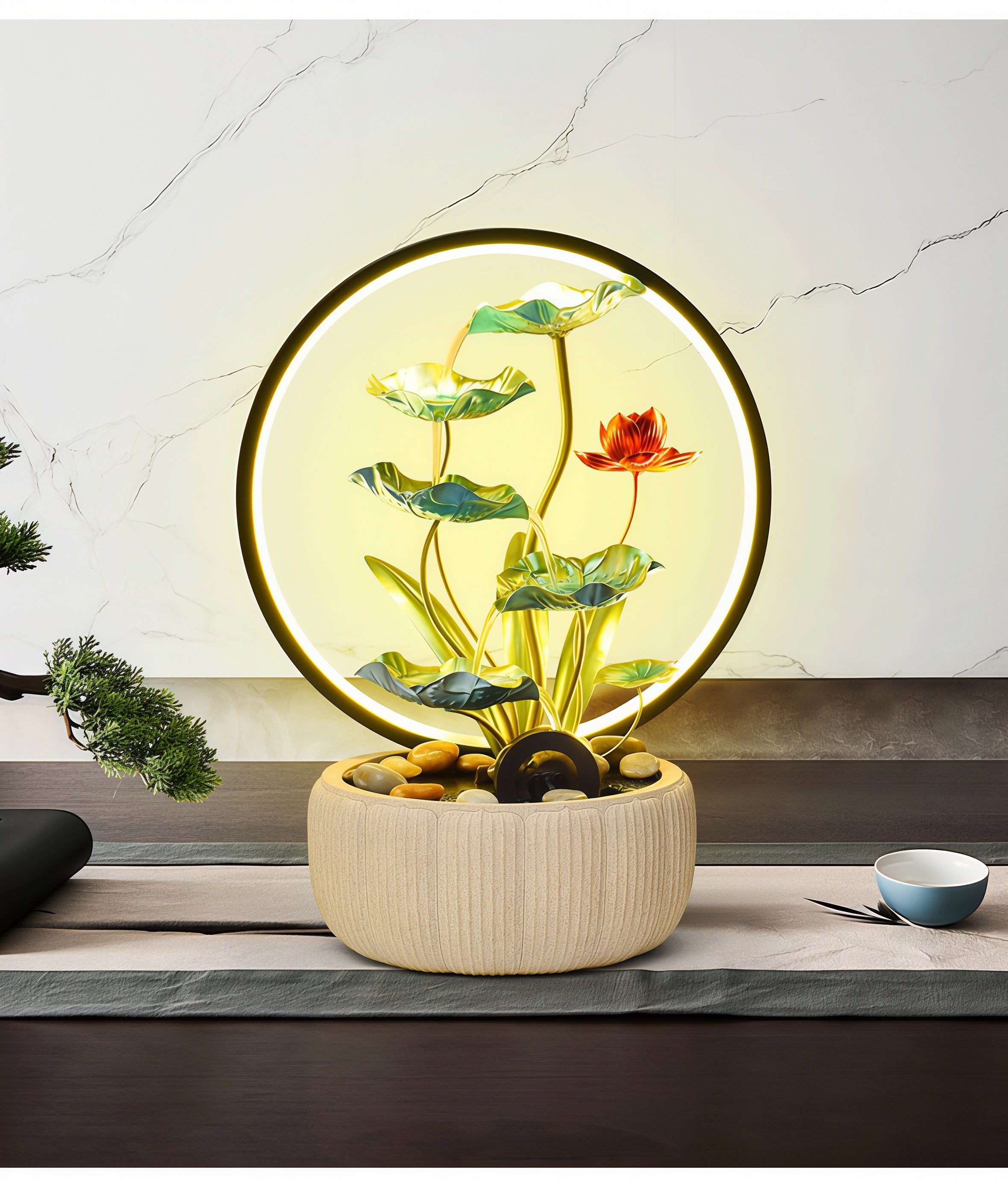 Fontaine en Cascade Zen Lotus avec Lumière Halo LED | Élément d'Eau Feng Shui Moderne pour Harmonie, Pureté & Prospérité