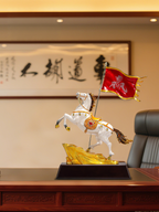 "Flag of Victory" Enamel Horse Statue | "Qi Kai De Sheng" Feng Shui Ornament for Business Success | Luxury Cloisonné Style with "Win" Flag