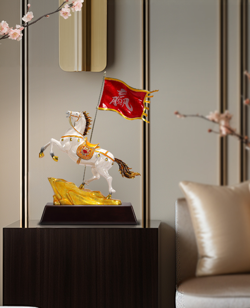 "Flag of Victory" Enamel Horse Statue | "Qi Kai De Sheng" Feng Shui Ornament for Business Success | Luxury Cloisonné Style with "Win" Flag