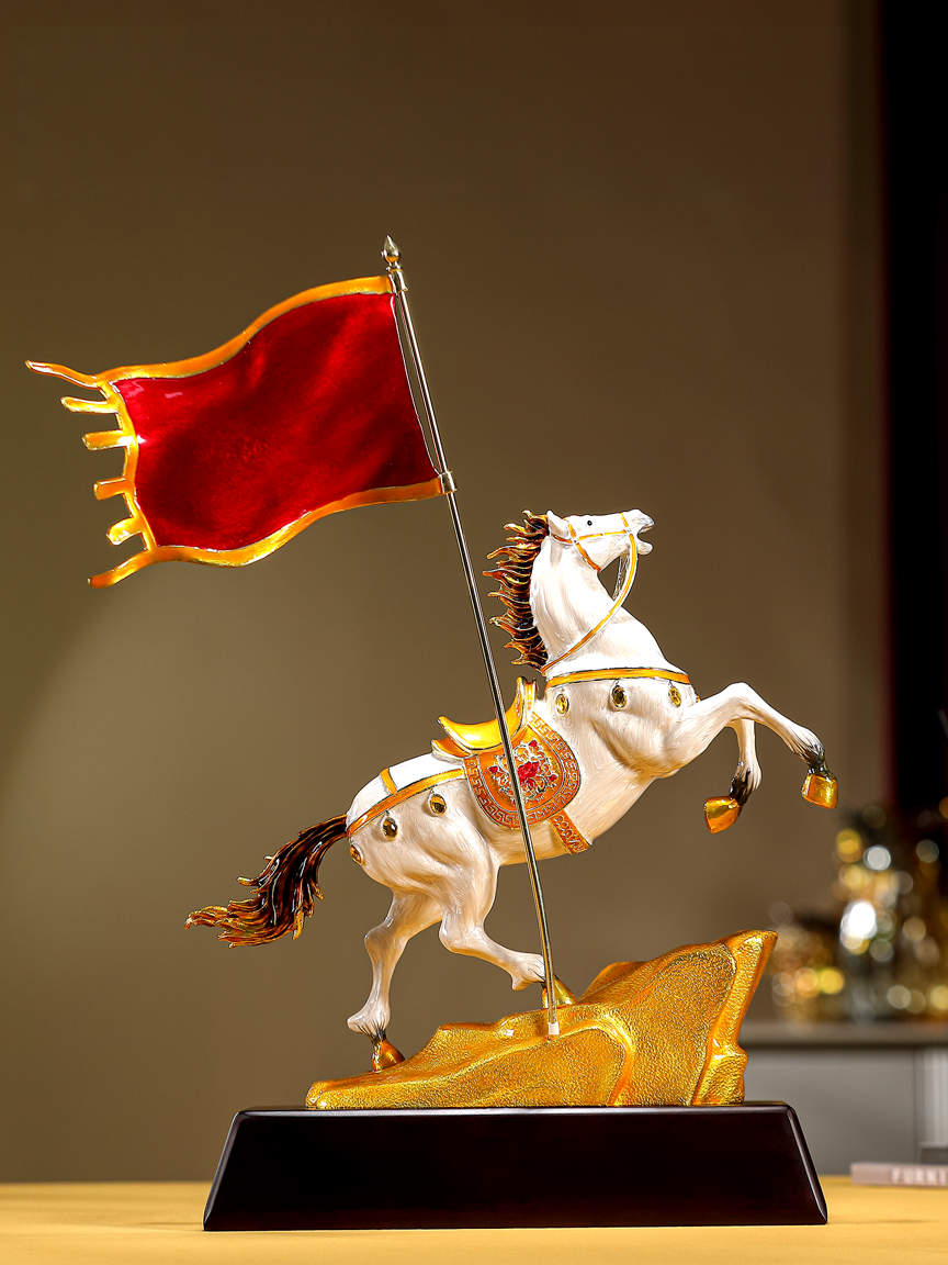 "Flag of Victory" Enamel Horse Statue | "Qi Kai De Sheng" Feng Shui Ornament for Business Success | Luxury Cloisonné Style with "Win" Flag